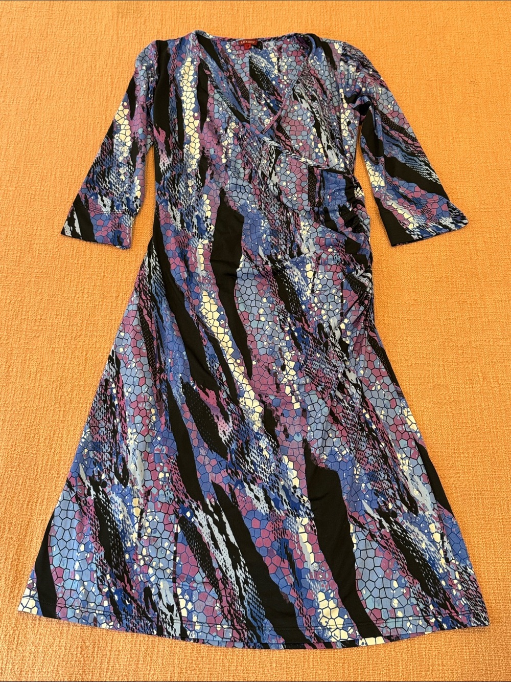 Made in Canada V-Neck lined Midi Dress in Blue and Purple Abstract Print